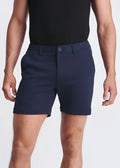 Navy blue textured stretch knit chino shorts with button closure and belt loops for casual wear