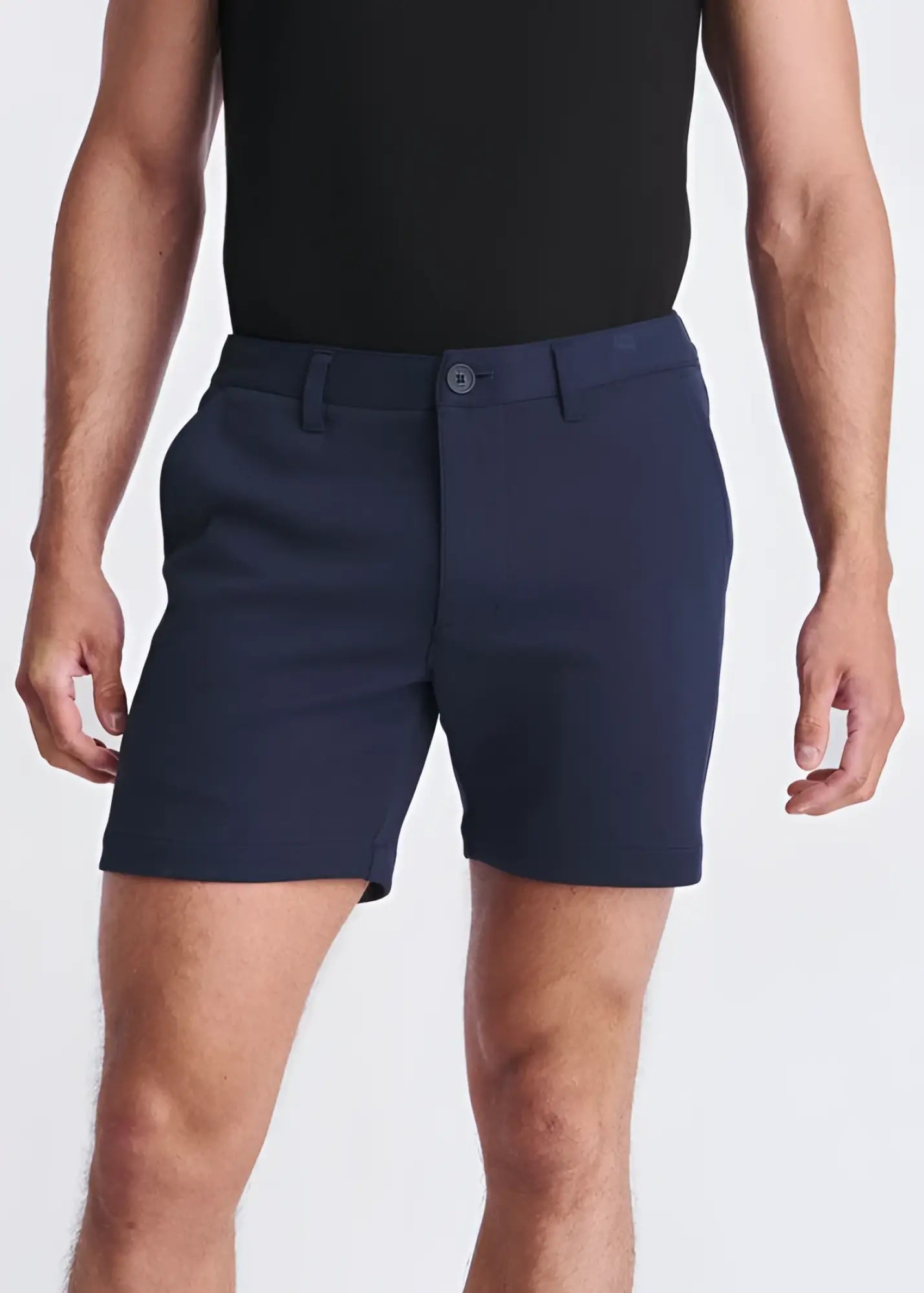 Navy blue textured stretch knit chino shorts with button closure and belt loops for casual wear
