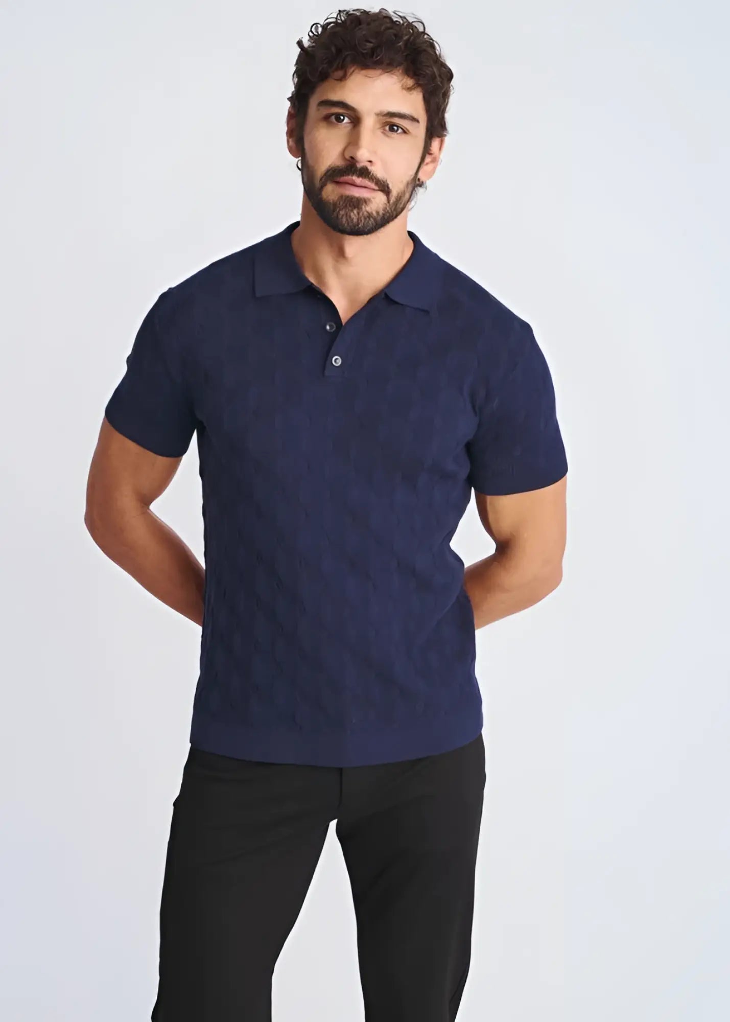 Navy blue textured stripes silk tencel polo shirt featuring a knit fabric ideal for casual and smart occasions