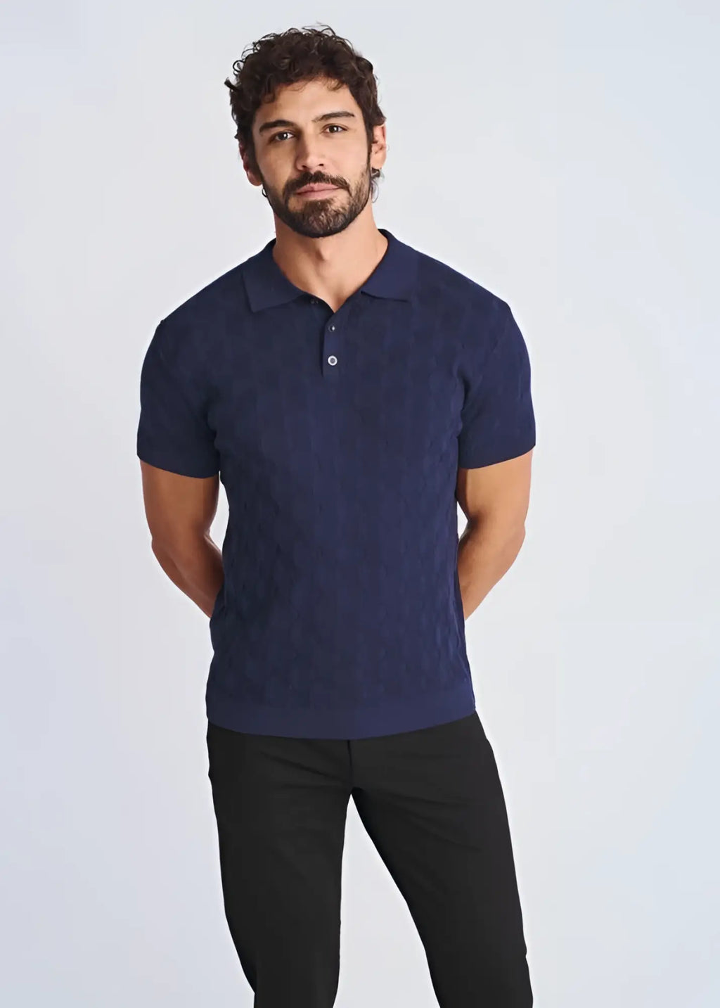 Navy blue textured stripes silk tencel polo shirt with knit fabric for a stylish and comfortable look