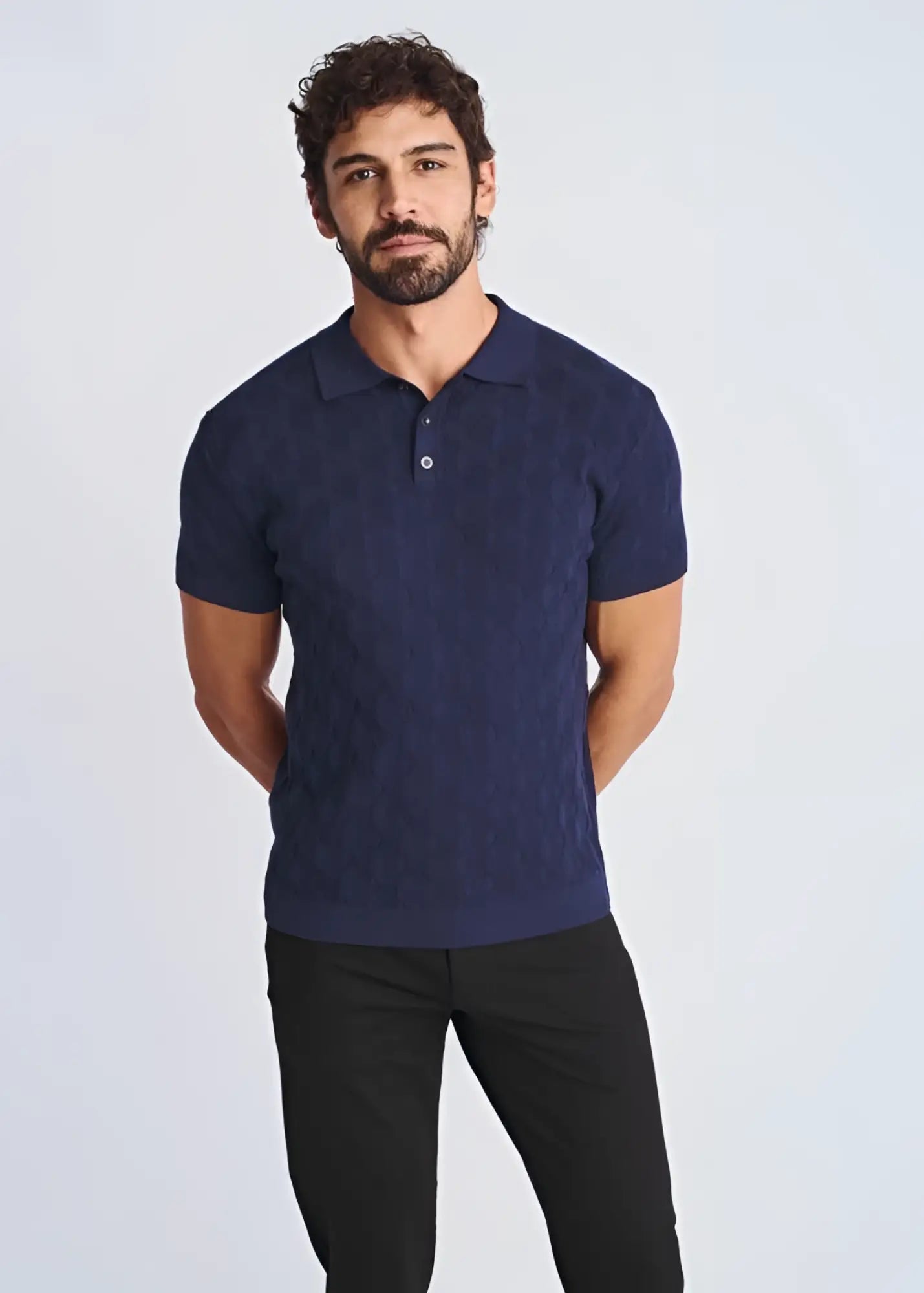 Navy blue textured stripes silk tencel polo shirt with knit fabric for a stylish and comfortable look