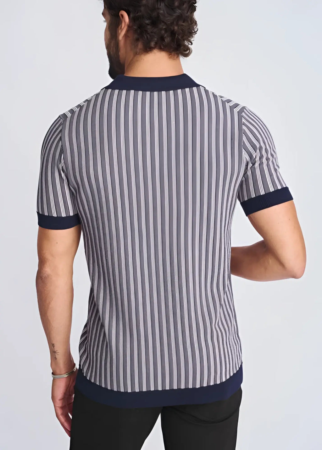 Textured stripes silk tencel polo shirt with navy and gray vertical stripes ribbed collar sleeve cuffs and hem