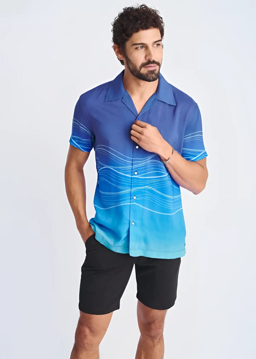 Blue gradient short-sleeved modal shirt with white wavy line pattern casual waves border print design