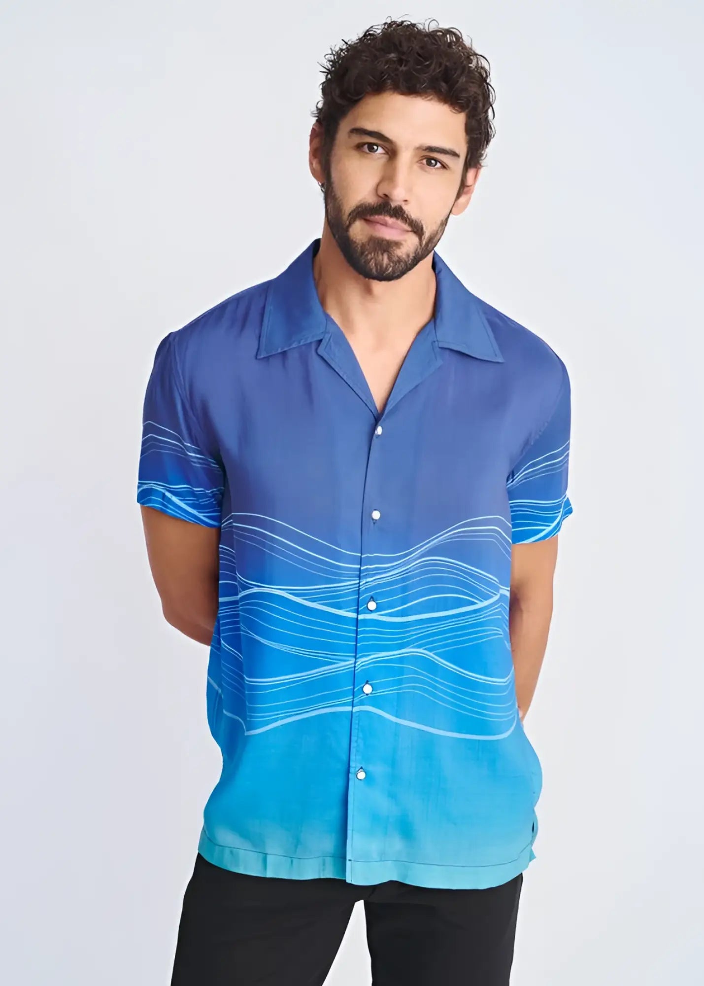 Blue gradient short-sleeved modal shirt with white wavy line pattern waves border print for casual wear