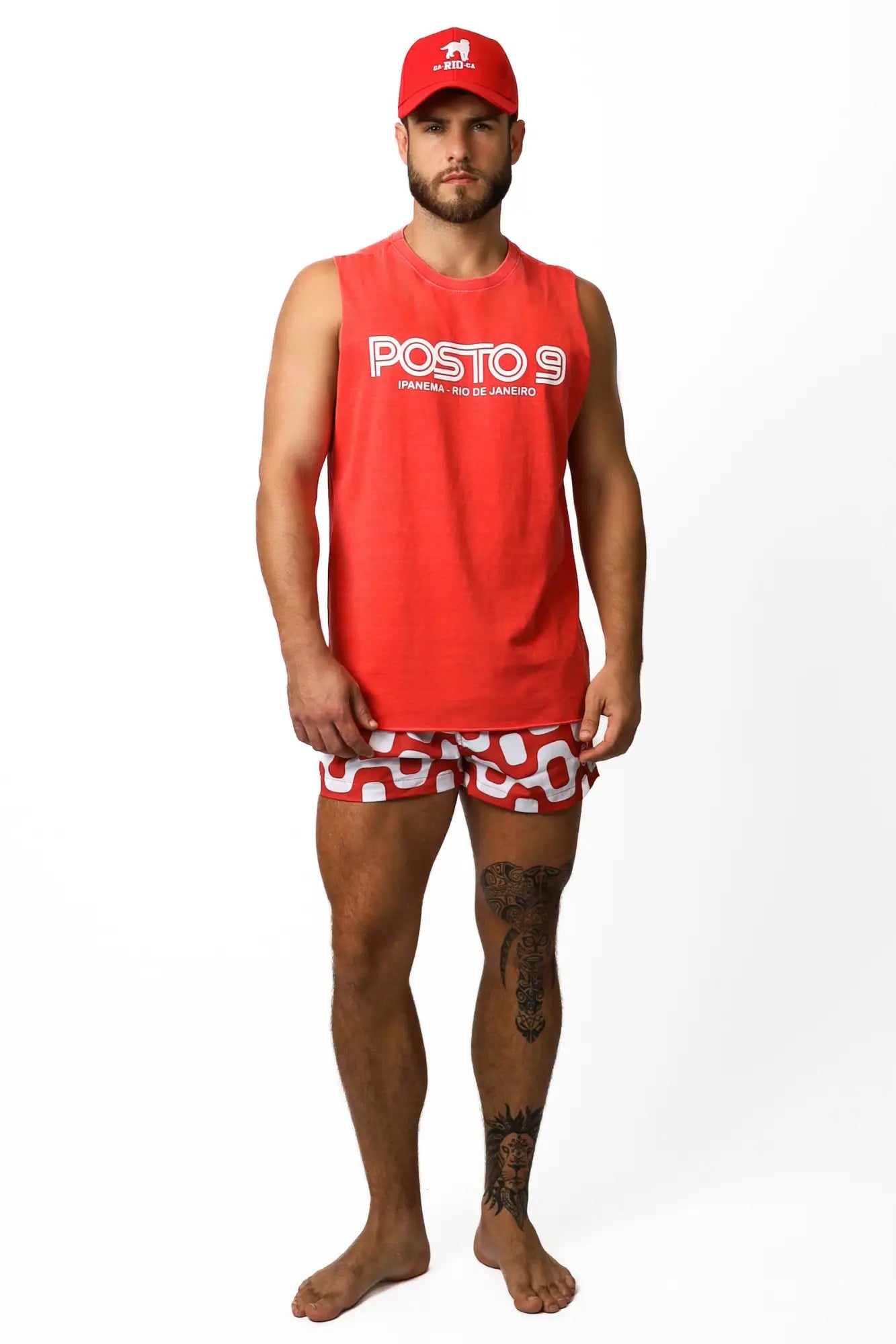 Men’s red sleeveless tank top with white posto 9 lettering and small logo on the cap from posto 9 ipanema tee collection