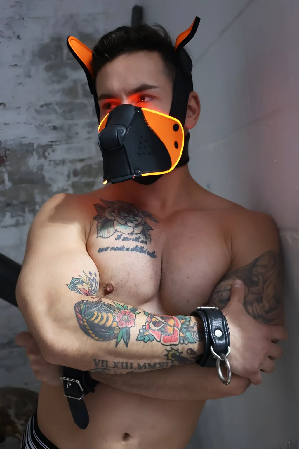 Black and orange dog mask with yellow trim from poundtown pup mask 2.0 neon orange for pet dress up