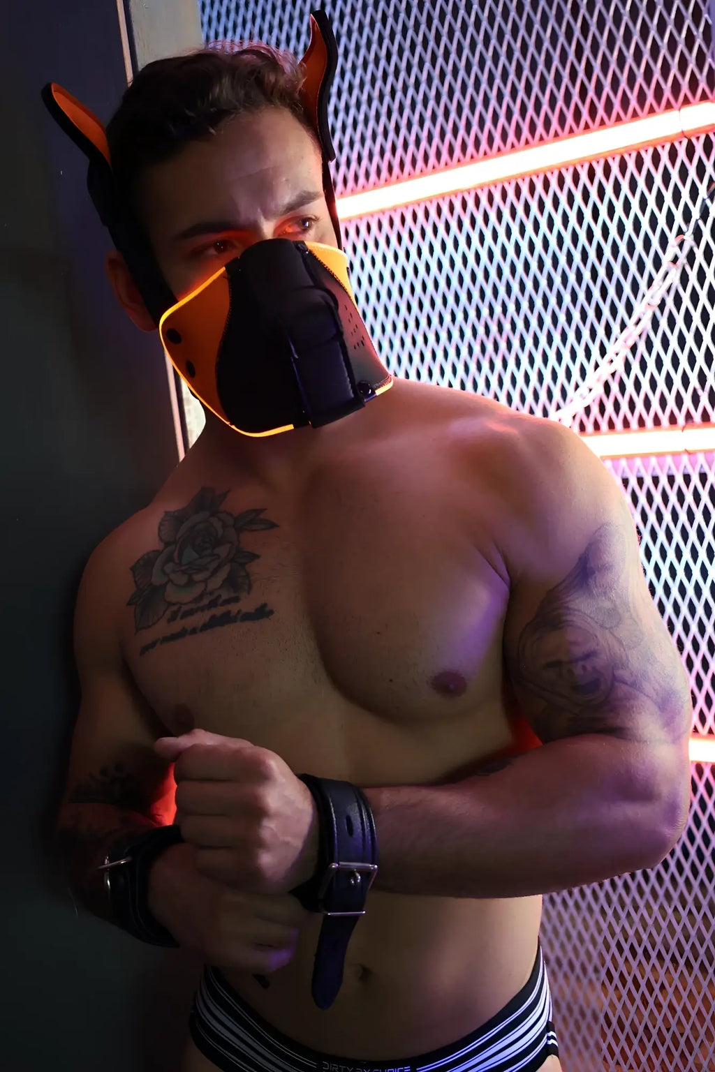 Poundtown Pup Mask 2.0 neon orange dog mask with black and orange neon illumination and ear attachments