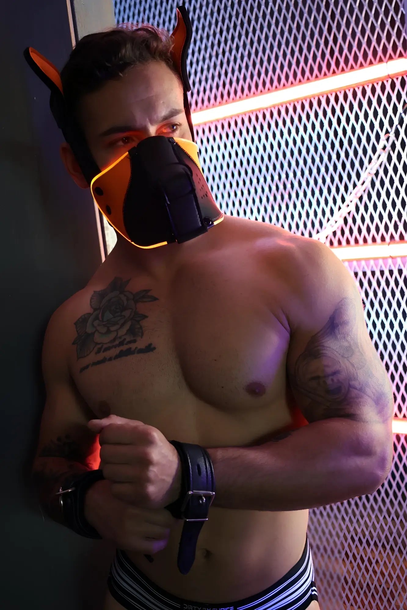 Poundtown Pup Mask 2.0 neon orange dog mask with black and orange neon illumination and ear attachments