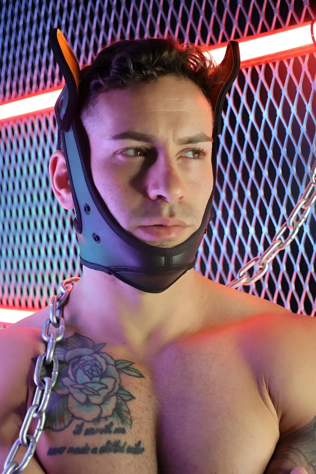 Black leather devil horns headpiece with neon orange inner lining from poundtown pup mask 2.0