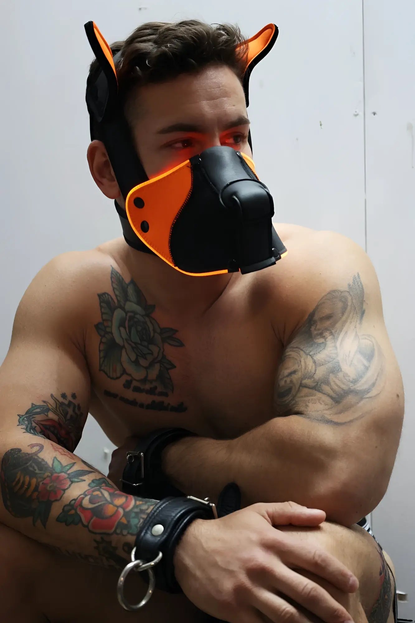 Black and orange leather dog mask with ear flaps poundtown pup mask 2.0 neon orange for comfortable wear