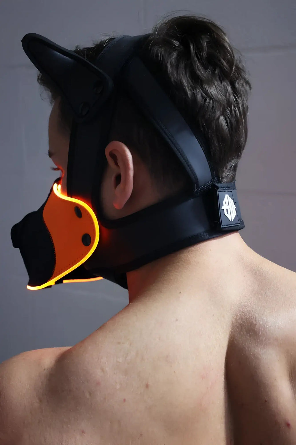 Black and orange led dog mask with glowing trim for Poundtown Pup Mask 2.0 neon orange edition