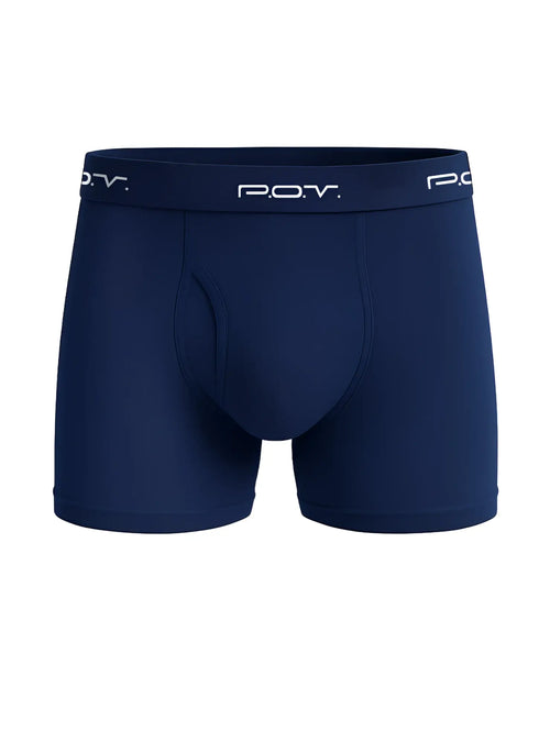 Navy blue pov flyfront cotton boxer showing the back side with soft breathable fabric for everyday comfort