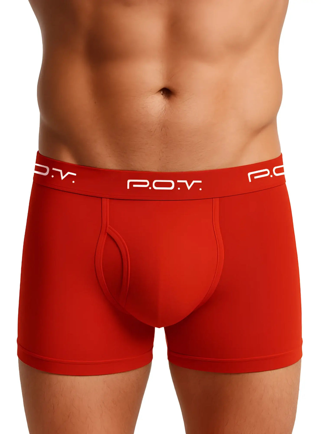 Red p.o.v. cotton flyfront boxer showing front view with breathable fabric and comfortable fit