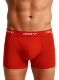 Red p.o.v. cotton flyfront boxer showing front view with breathable fabric and comfortable fit