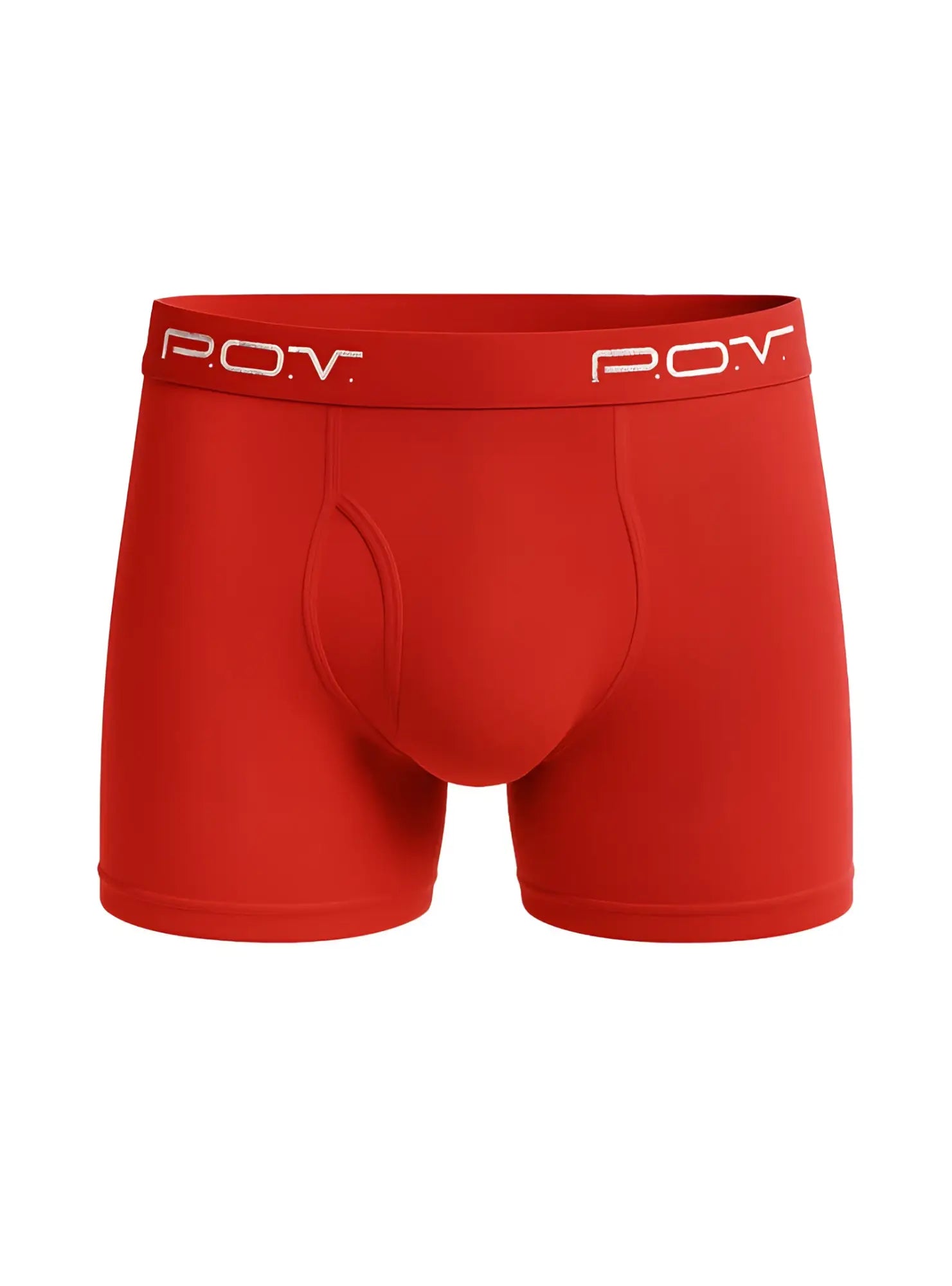 Red men’s cotton boxer briefs with white pov logo on waistband featuring flyfront design