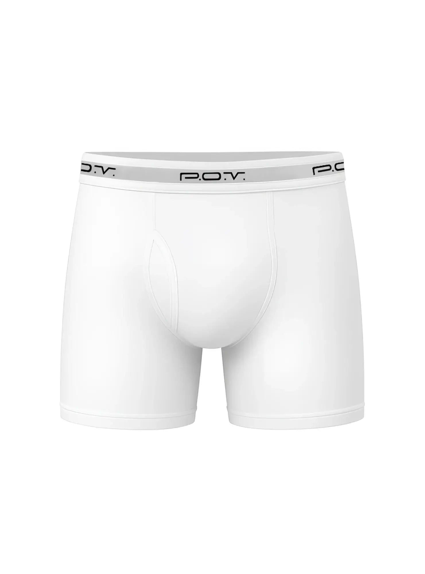 White p.o.v. flyfront cotton boxer showing front view with breathable soft fabric for everyday comfort