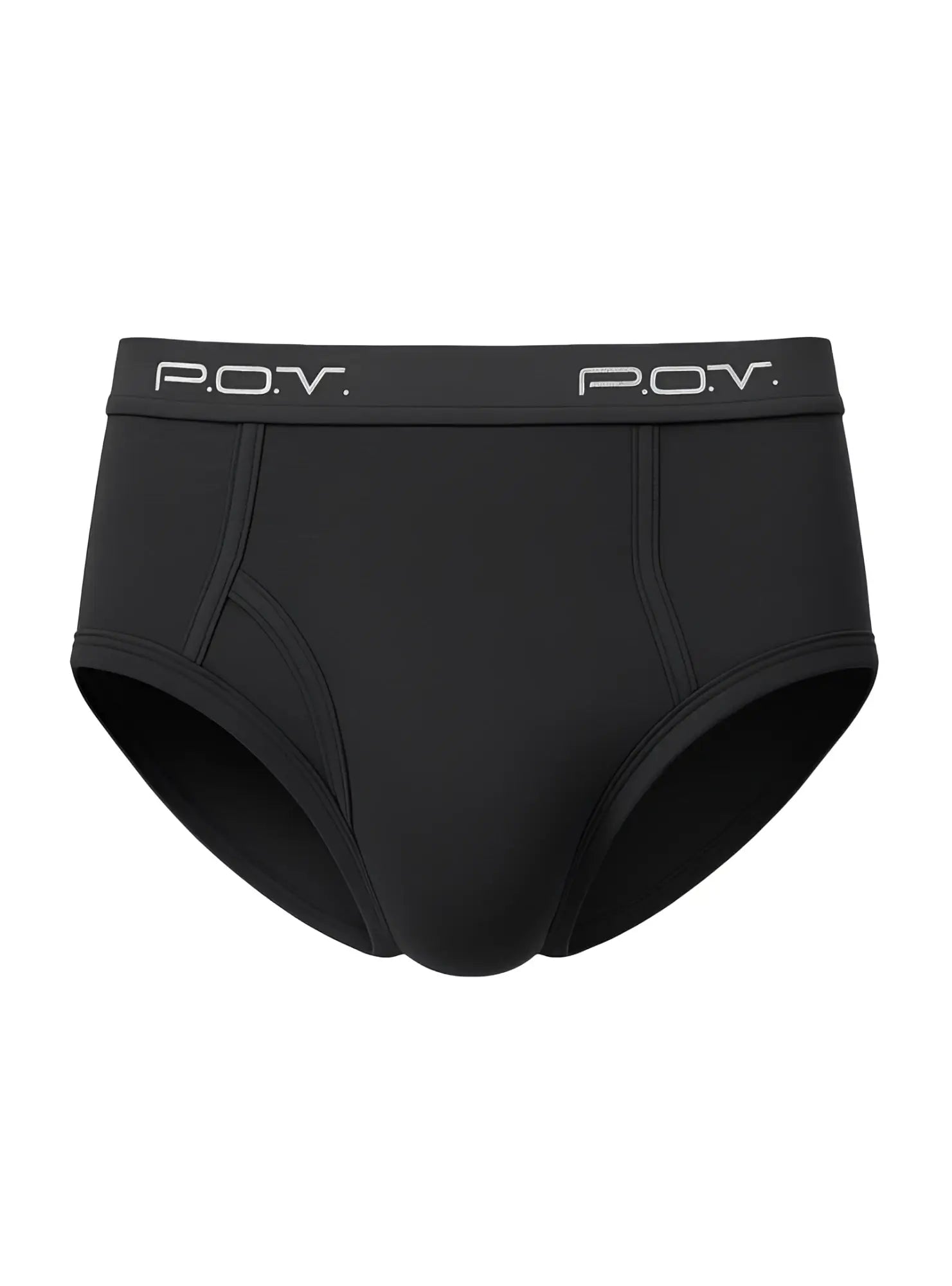 Black pov flyfront cotton brief showing front view made of soft breathable fabric for everyday comfort