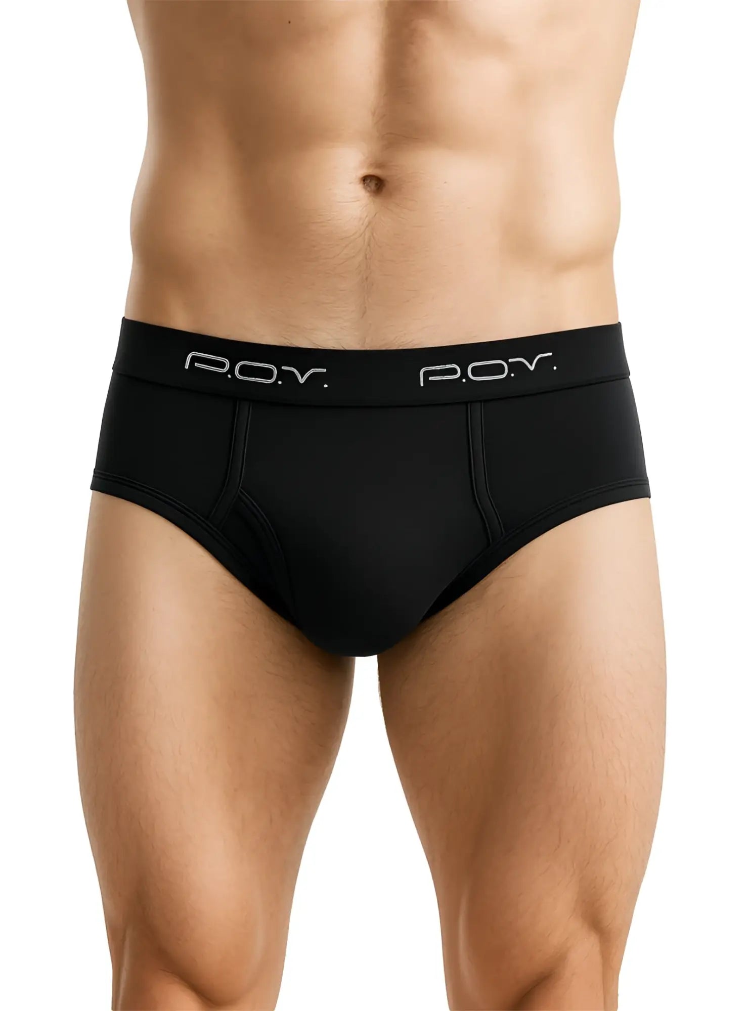 Black men’s cotton pov flyfront briefs with sleek form-fitting design and subtle p.o.y. branding on waistband