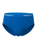 Bright blue pov flyfront cotton brief showing the front with soft breathable cotton fabric for everyday comfort