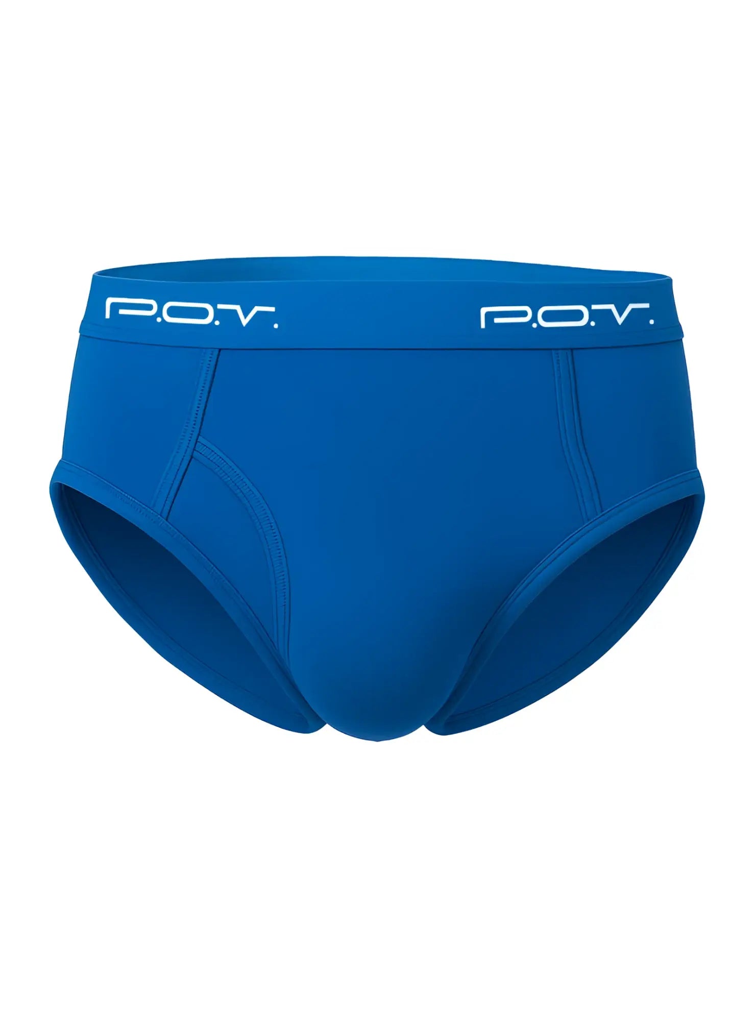 Bright blue pov flyfront cotton brief showing the front with soft breathable cotton fabric for everyday comfort