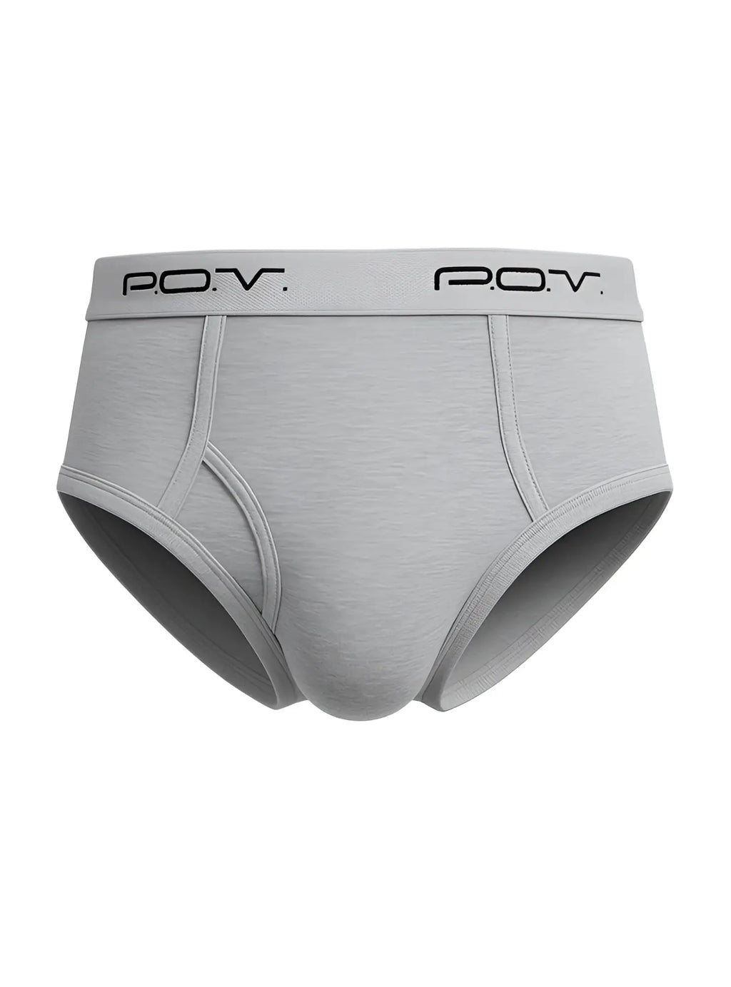 Gray men’s POV flyfront cotton brief with soft textured fabric and black POV branding on elastic waistband