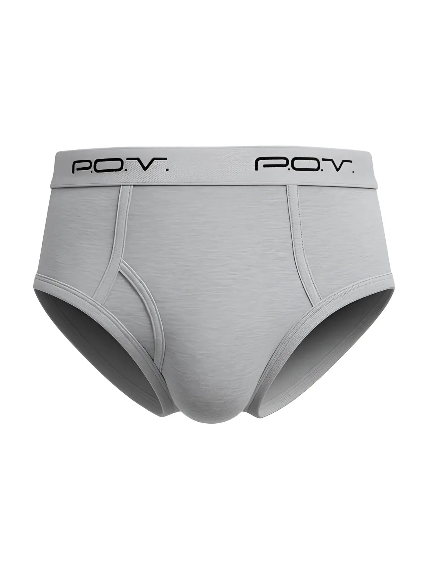 Gray men’s POV flyfront cotton brief with soft textured fabric and black POV branding on elastic waistband