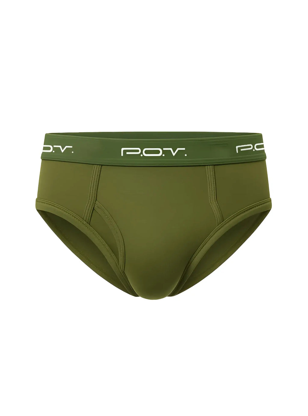 Olive green pov flyfront cotton brief showing the back side with soft breathable fabric and comfortable fit