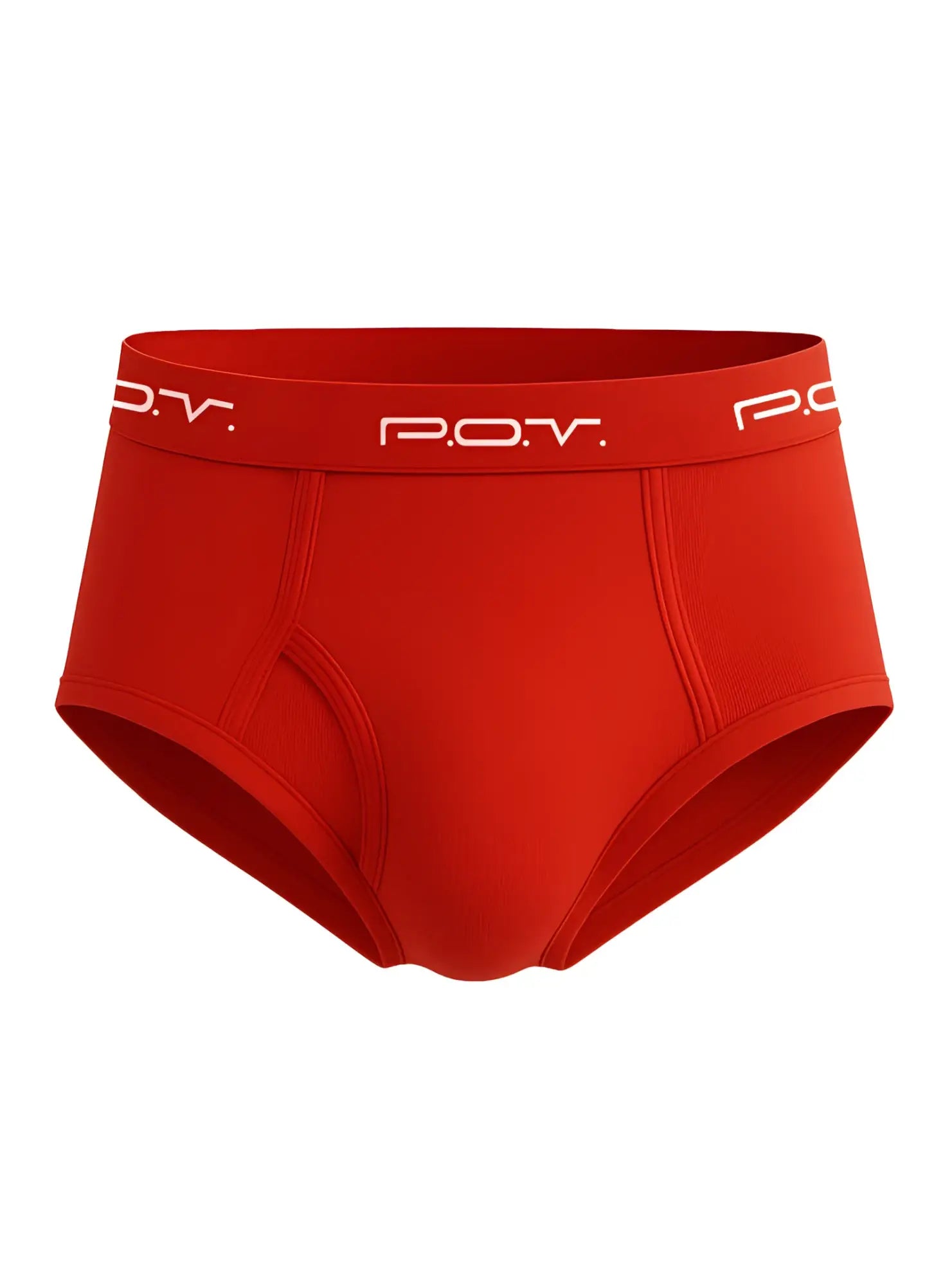 Red pov flyfront cotton brief showing front view with flyfront design in soft cotton fabric