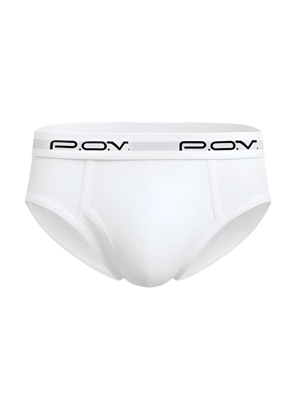 White men’s cotton briefs with ribbed texture and black p.o.v. branding on the waistband in flyfront style