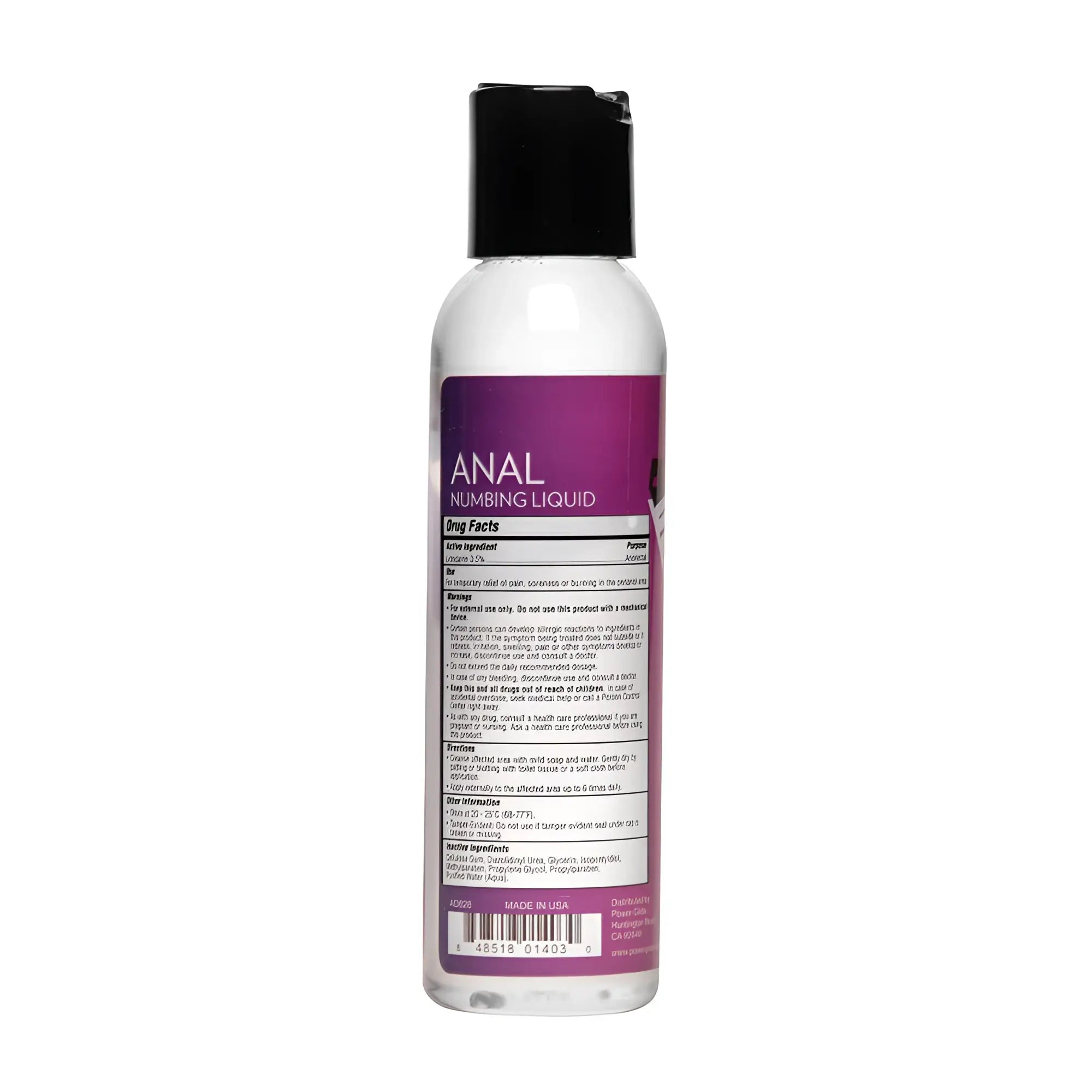 Power Glide 4oz Anal Numbing Lube in a clear squeeze bottle with a black flip-top cap and a purple product label.