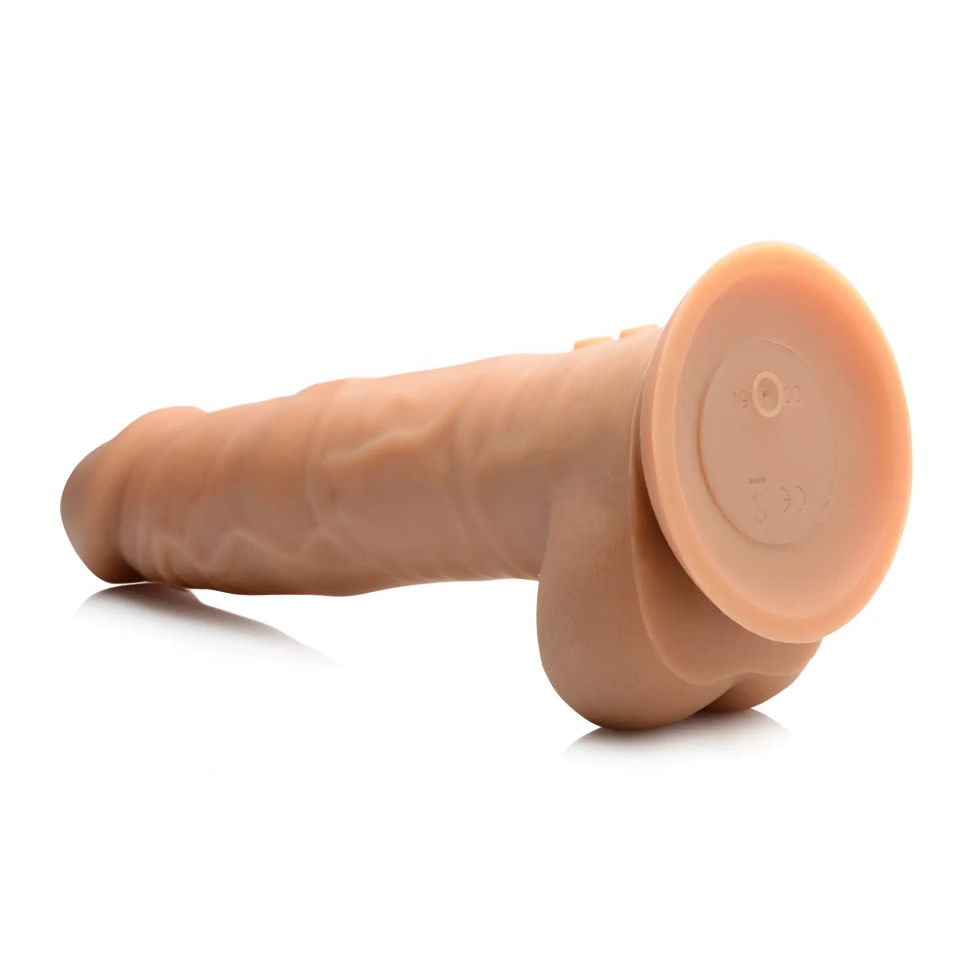 Beige silicone power pounder auto-thrusting realistic dildo with textured surface and suction cup base