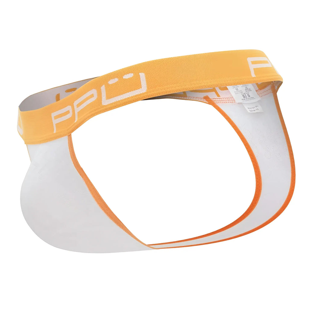 White and orange athletic briefs with a bold yellow waistband featuring the ppu logo in white lettering, model ppu 2301 bulge thong color orange