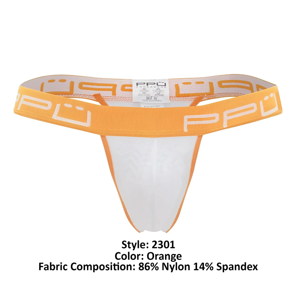 Orange and white PPU 2301 bulge thong with stretchy nylon spandex blend and form-fitting design