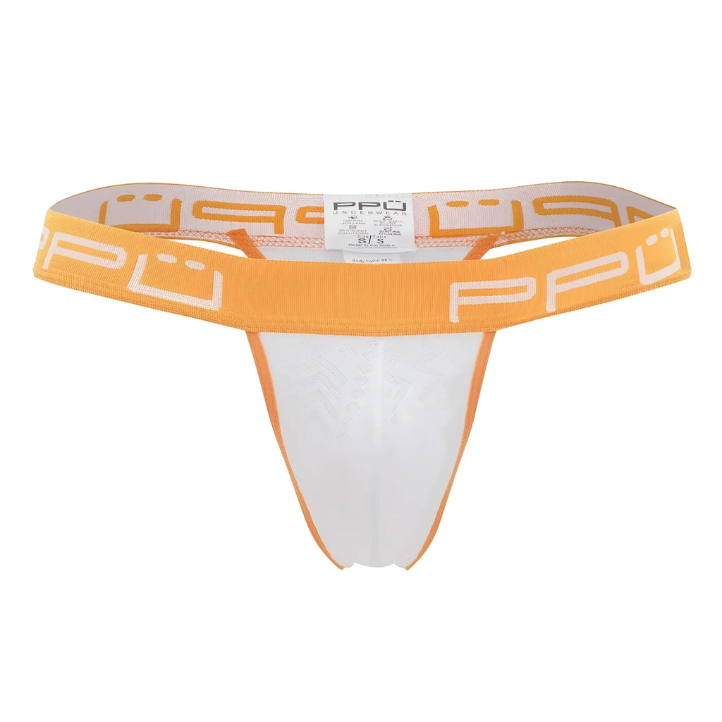 White and orange PPU 2301 bulge thong with branded waistband showing front side in stretch fabric