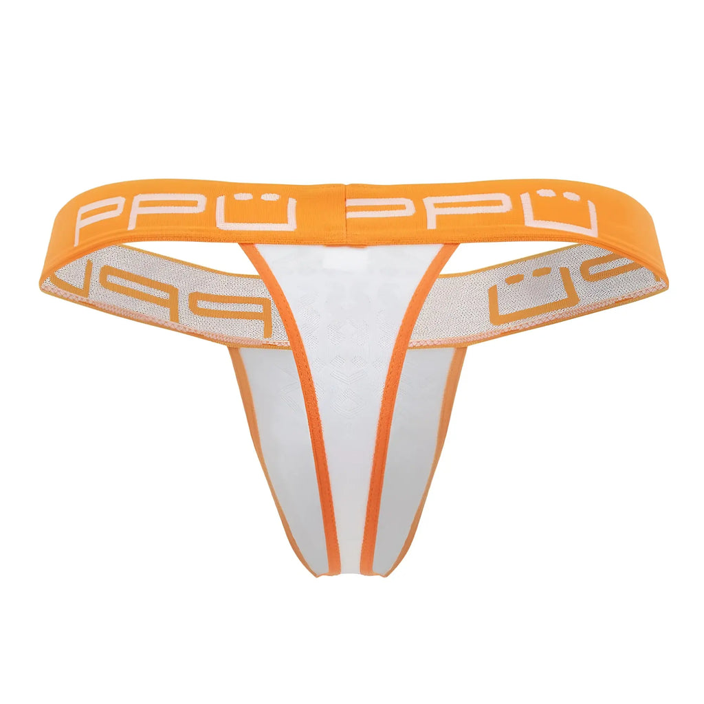 Orange and white ppu 2301 bulge thong with mesh waistband and white ppü logo lettering