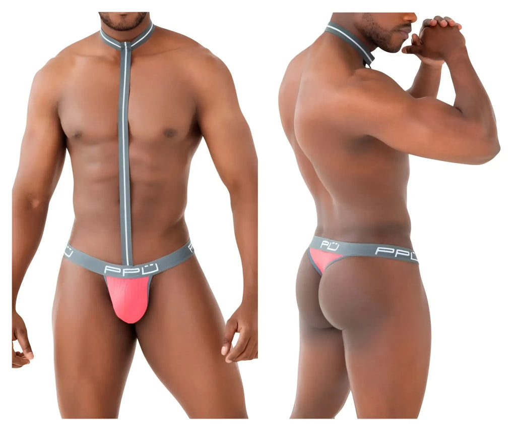 Men’s pink and gray pfd branded thong with central front zipper in coral harness thong ppu 2302 design