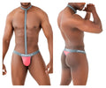 Men’s pink and gray pfd branded thong with central front zipper in coral harness thong ppu 2302 design