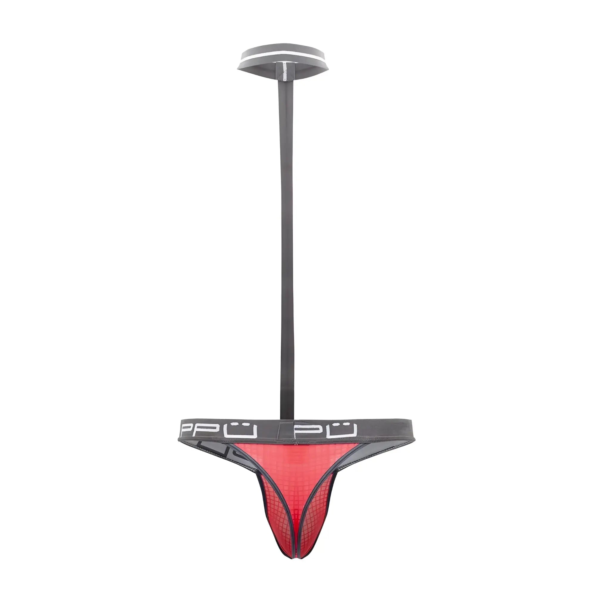 Coral red mesh ppu 2302 harness thong with gray waistband and white ppu branding, front view