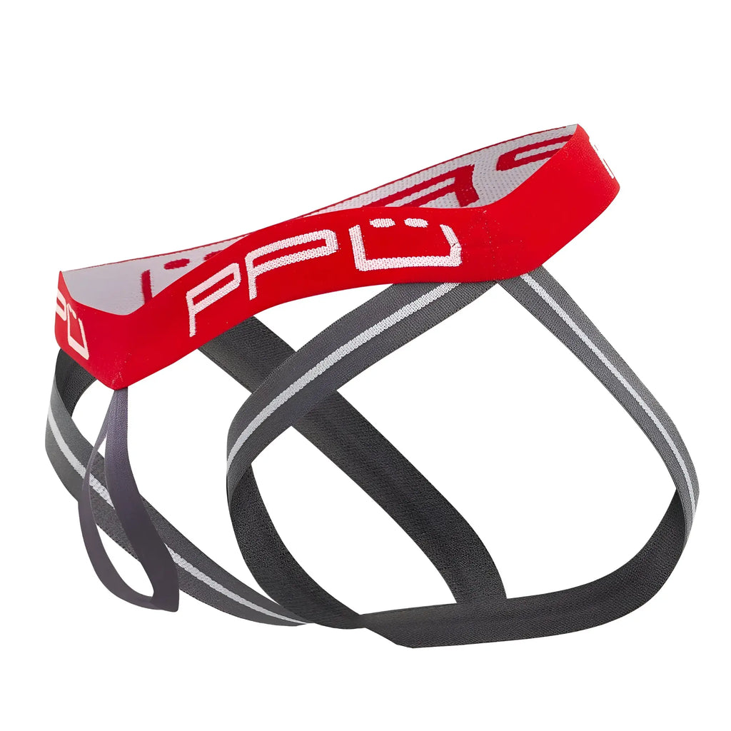 Red and gray ball lifter jockstrap briefs with bold ppc logo on waistband for athletic support and comfort