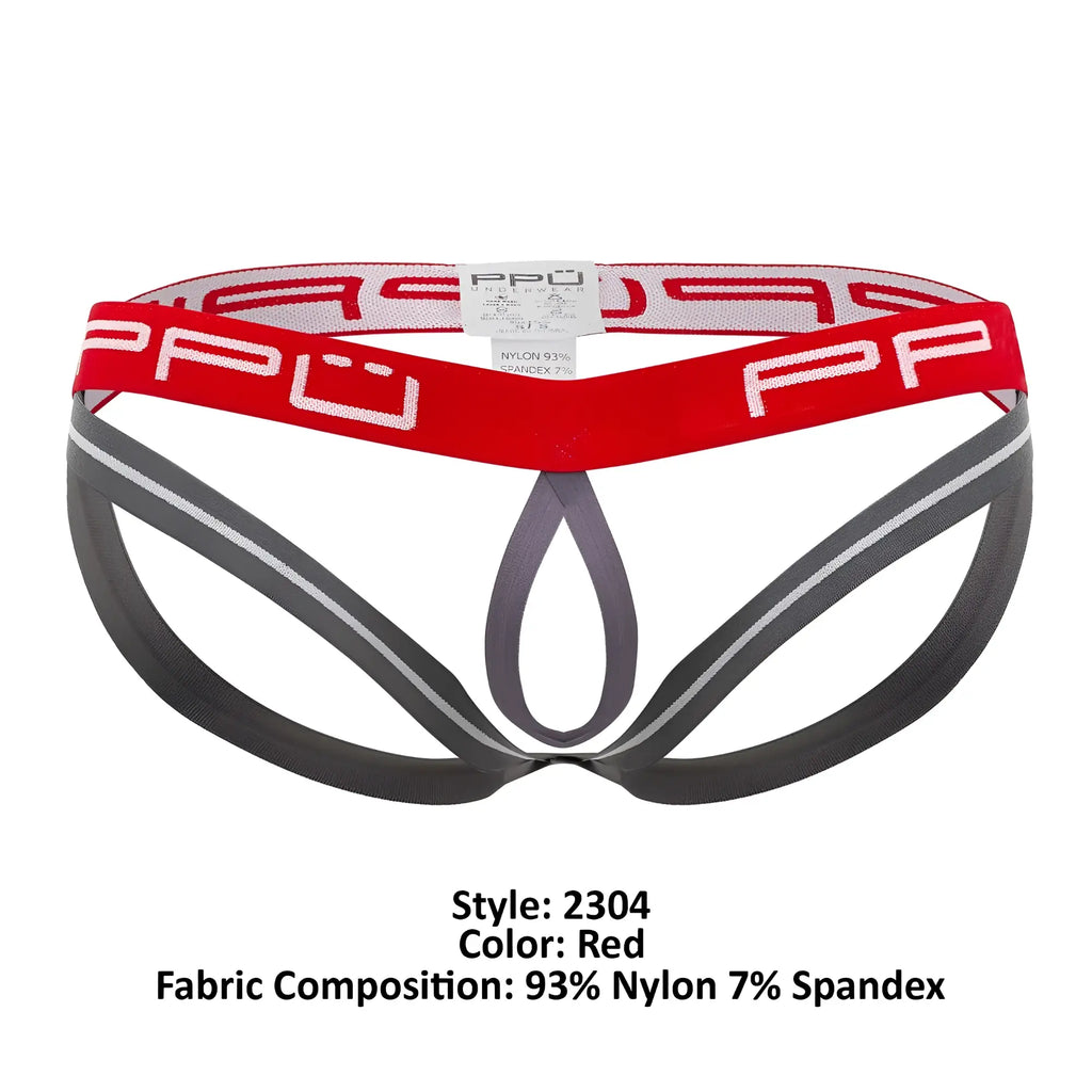 Ppu 2304 ball lifter jockstrap in red and gray athletic briefs with bold ppu logo on the waistband