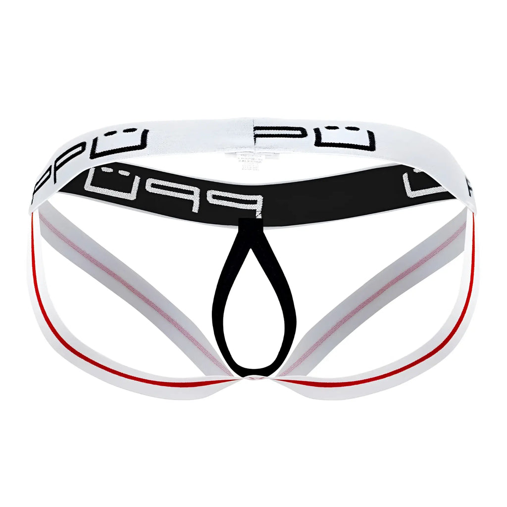 White and black athletic-style ball lifter jockstrap with red trim and bold pup logo on waistband in white color