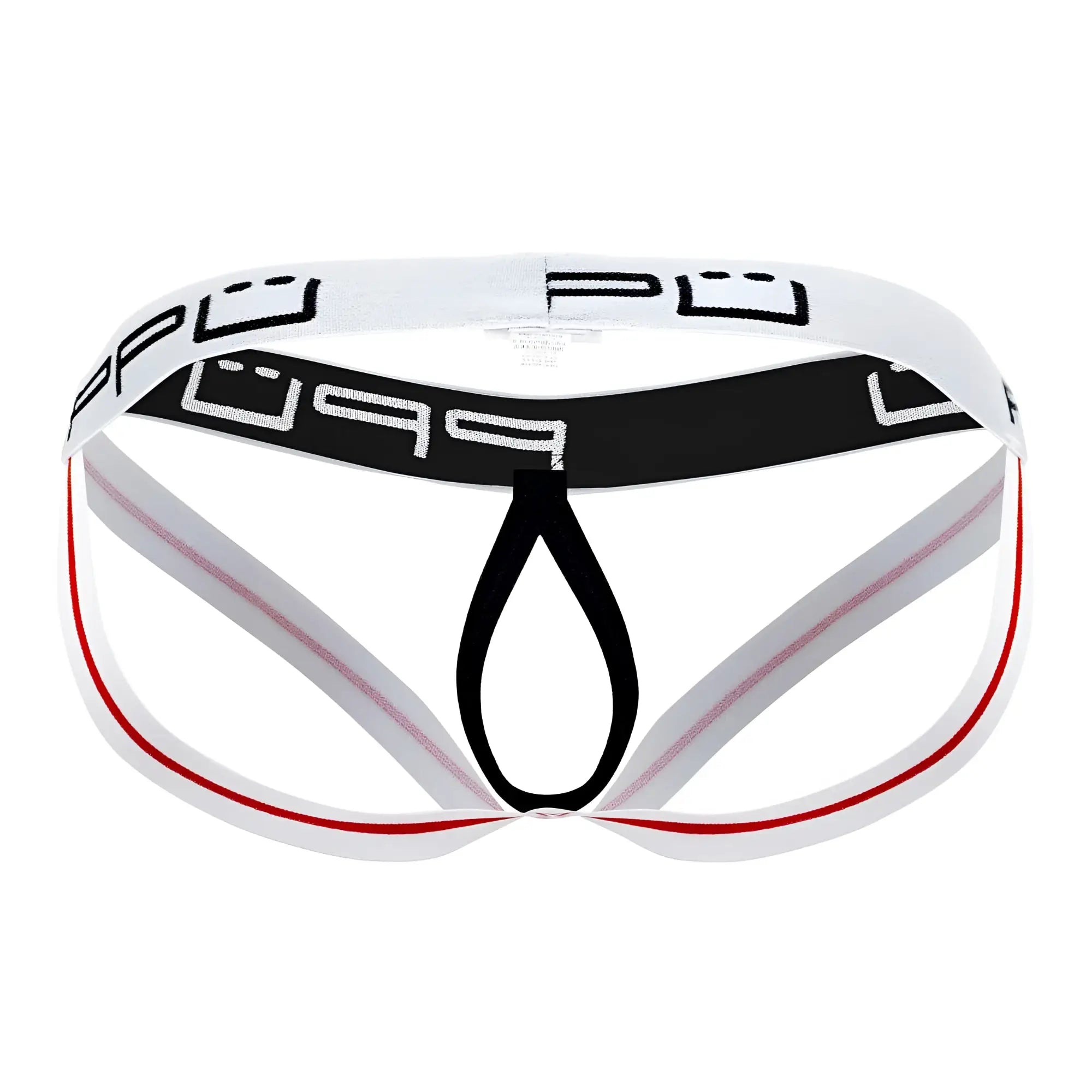 White and black athletic-style ball lifter jockstrap with red trim and bold pup logo on waistband in white color