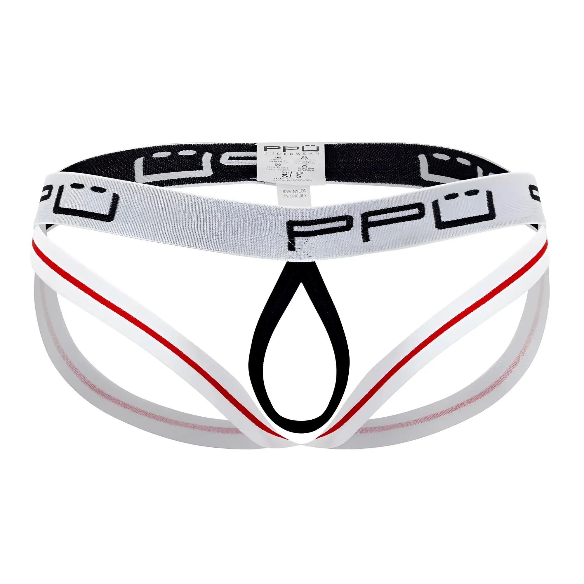Ppu 2304 ball lifter jockstrap in white with black fabric and red trim for enhanced support and comfort