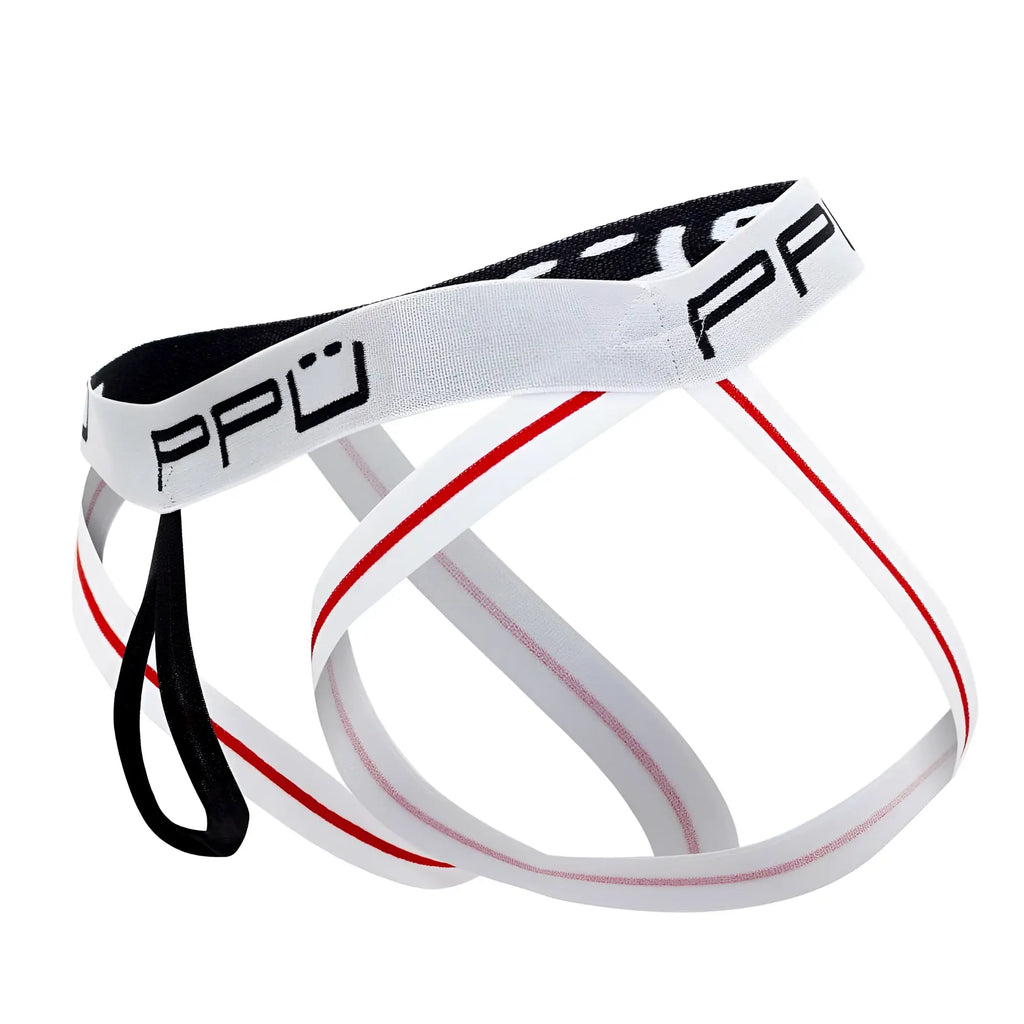 White and red striped ppu 2304 ball lifter jockstrap with black elastic band and ppu branding