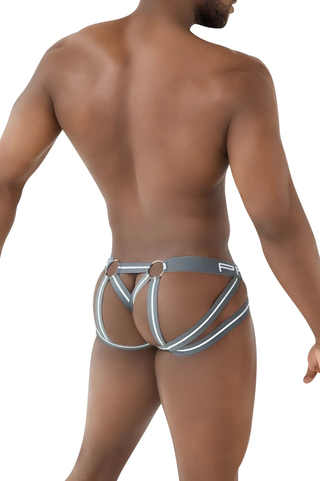 Gray and white strappy men’s briefs with harness-style design in mesh fabric ppu 2305 jockstrap color gray