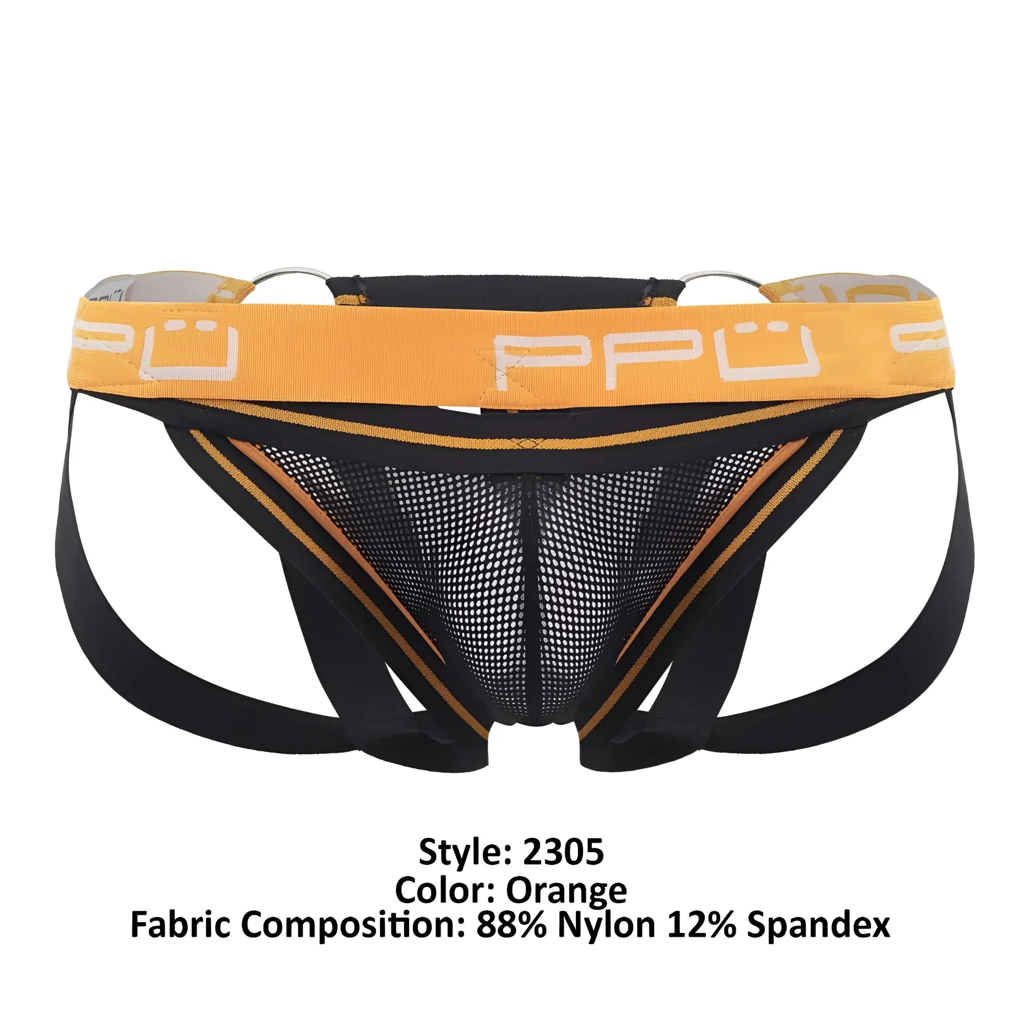 Ppu 2305 mesh jockstrap in orange with black straps and yellow waistband featuring ppu logo front view
