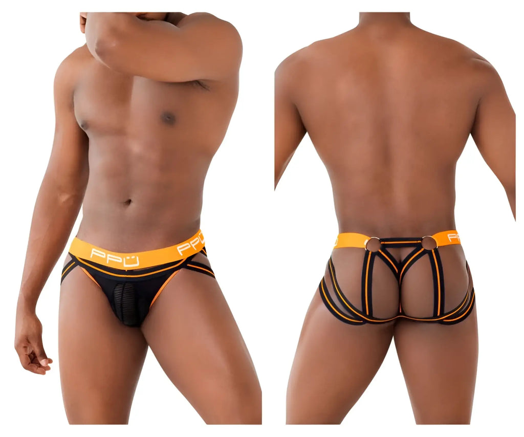 Ppu 2305 mesh jockstrap in orange with black and orange mesh fabric and a bold strappy design