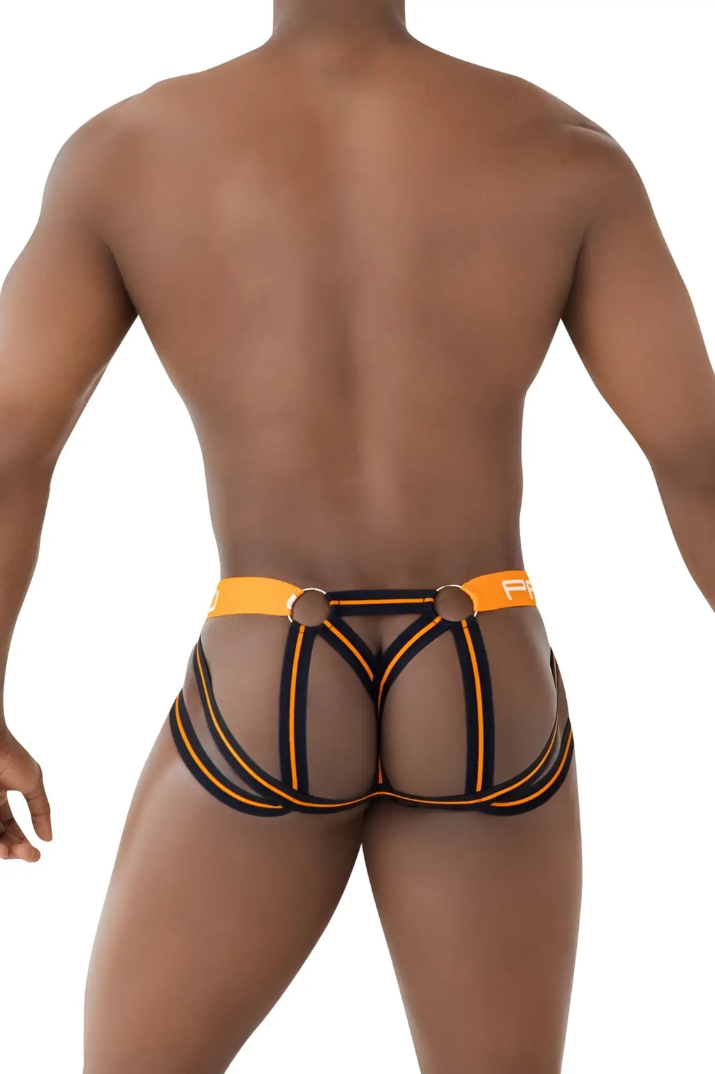 Orange and black mesh briefs with bold strappy design ppu 2305 mesh jockstrap color orange front view
