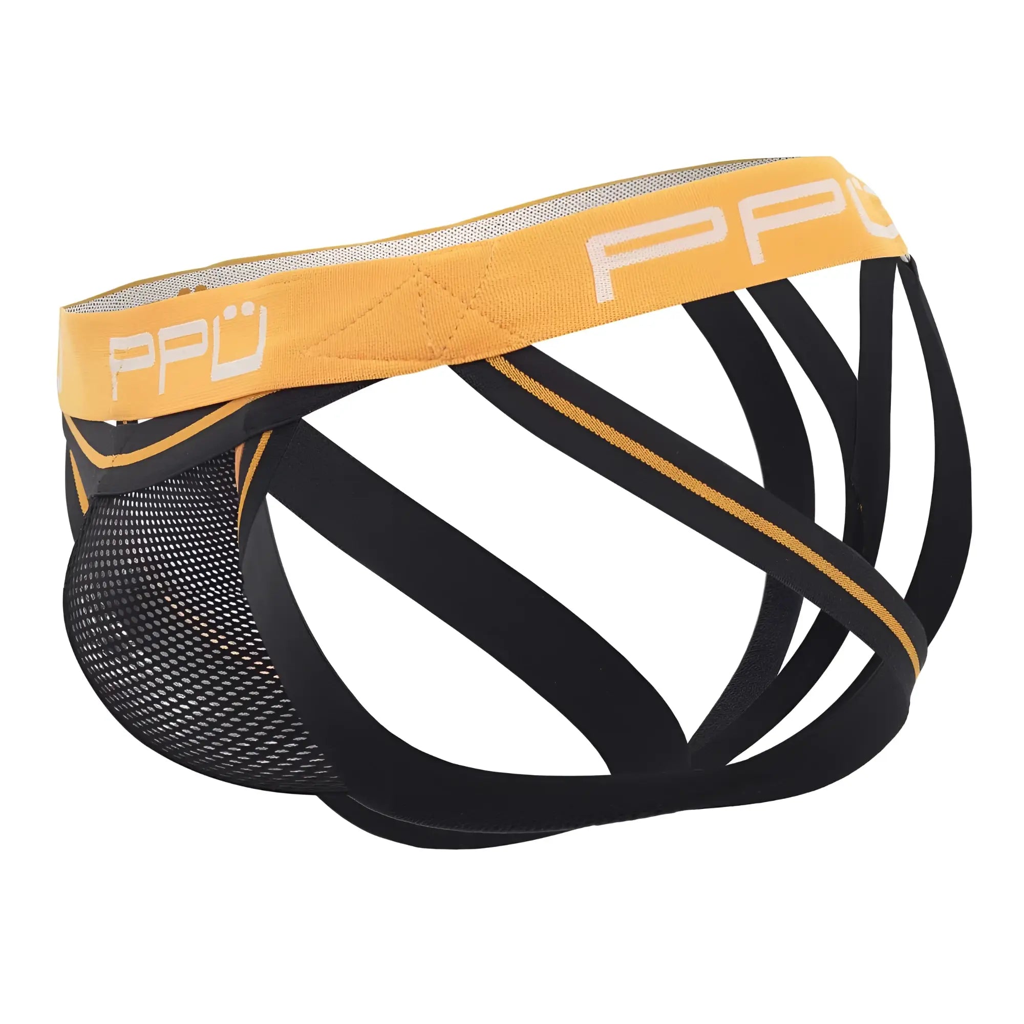 Black and yellow mesh athletic briefs with branded waistband ppu 2305 mesh jockstrap color orange front view