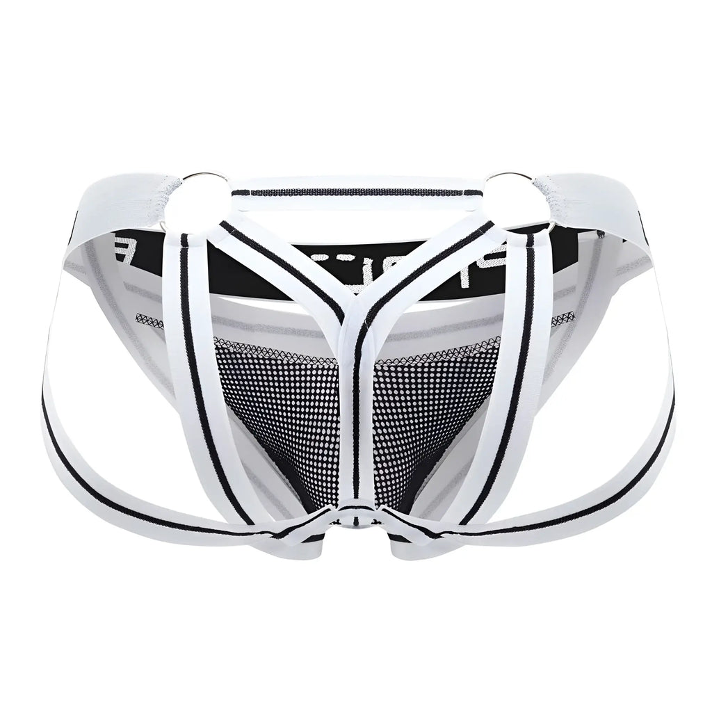 Ppu 2305 mesh jockstrap in white featuring black mesh athletic briefs with a supportive strappy design